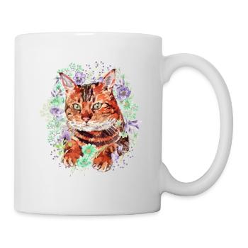 Bengalkatze (Bengal) Katze mit Blumen - Aquarell - Tasse - Weiß - Rechts