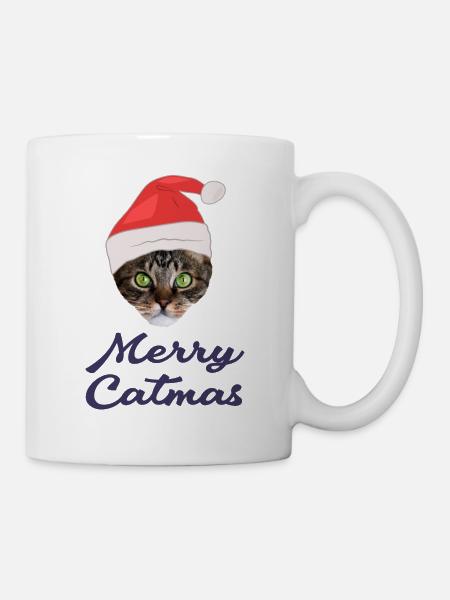 Weihnachtskatze mit Weihnachtsmütze, Merry Catmas - Tasse - Weiß