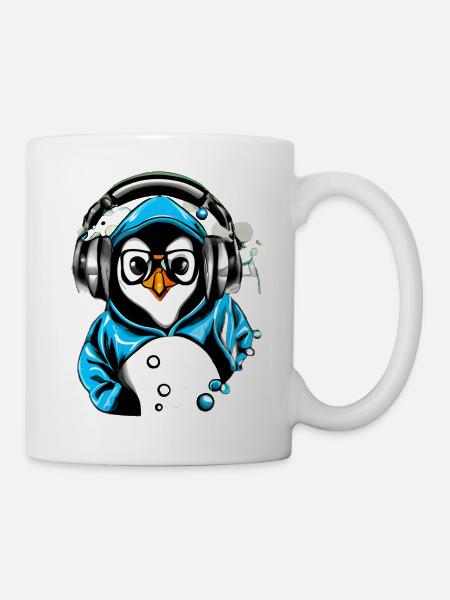 Pinguin mit blauen Pullover - Tasse - Weiß