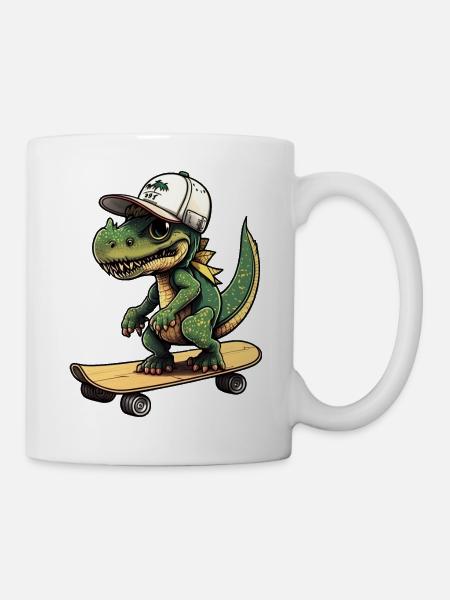 Dino Dinosaurier auf Skateboard mit Mütze Cap - Tasse - Weiß
