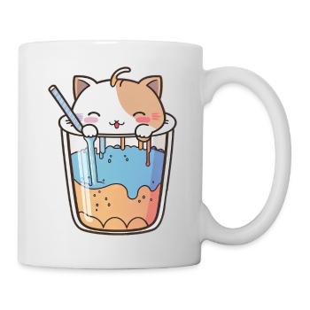 Kawaii Cute Happy Colorful Cat Drinking Bubble Tea - Mug - white - Right