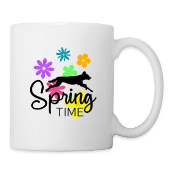 Frühlingsdesign - springender Hund und Blumen - Tasse - Weiß - Rechts