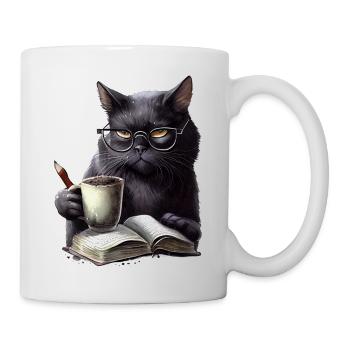 Schwarze Katze Liest Buch - Tasse - Weiß - Rechts