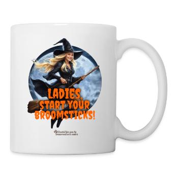 Sorcière d’Halloween disant mesdames, commencez vos balais - Mug blanc - blanc - Droite