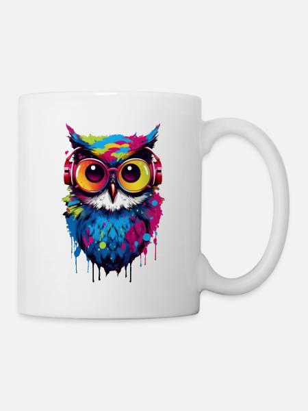 Bunte Eule mit Kopfhörer - Tasse - Weiß