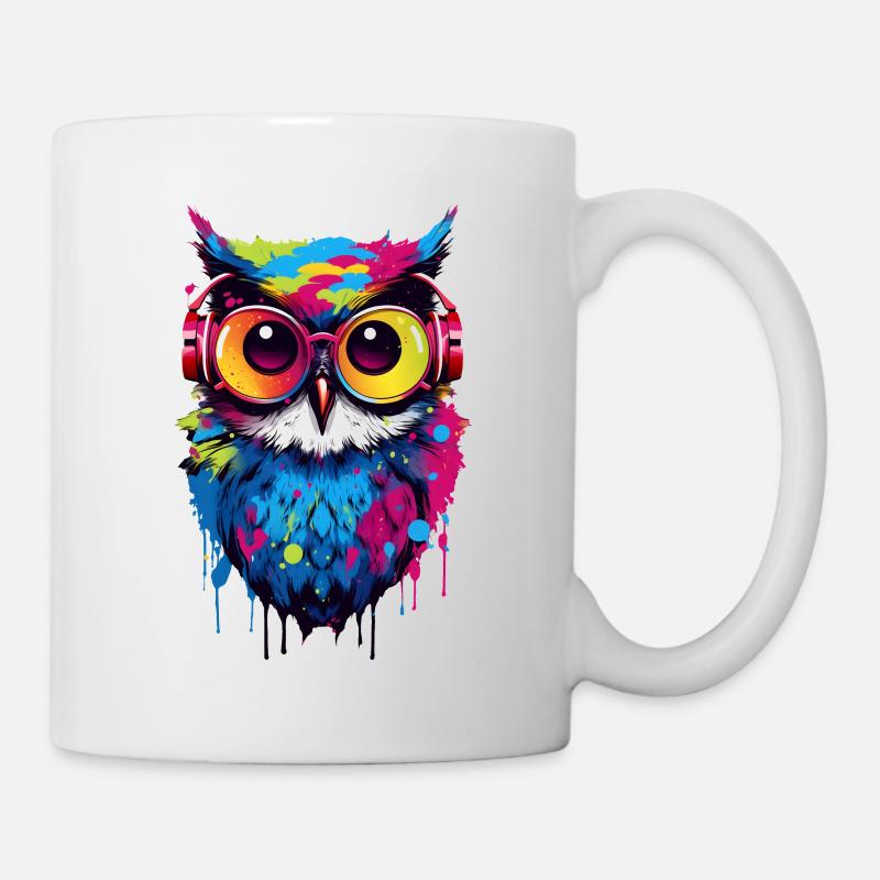 Bunte Eule mit Kopfhörer - Tasse - Weiß