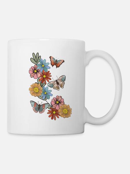 Retro butterflies around flower vine - Mug - white