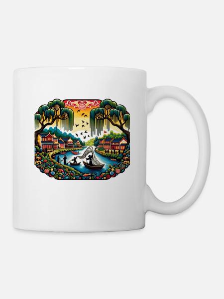 Fishermen on a River Inspired by Chinese Art - Mug - white