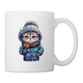 Cat with jacket and hat in the snow - Mug - white - Right