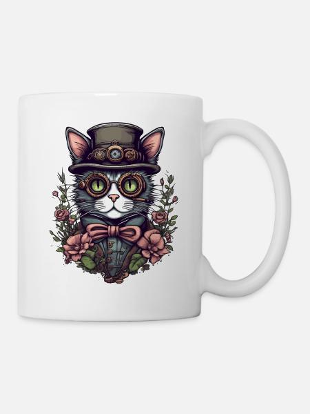 Steampunk Katze - Tasse - Weiß