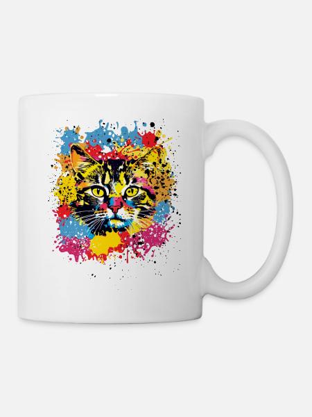 Colourful Cat with Coloured Paint Splashes - Mug - white