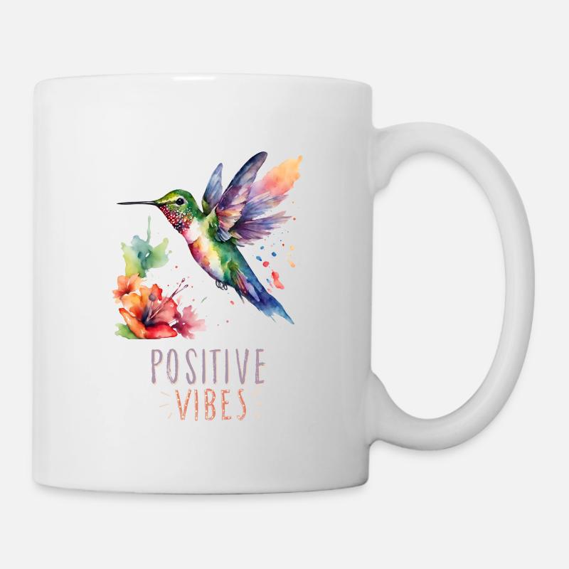Aquarell-Kolibri mit positiver Vibes-Phrase - Tasse - Weiß