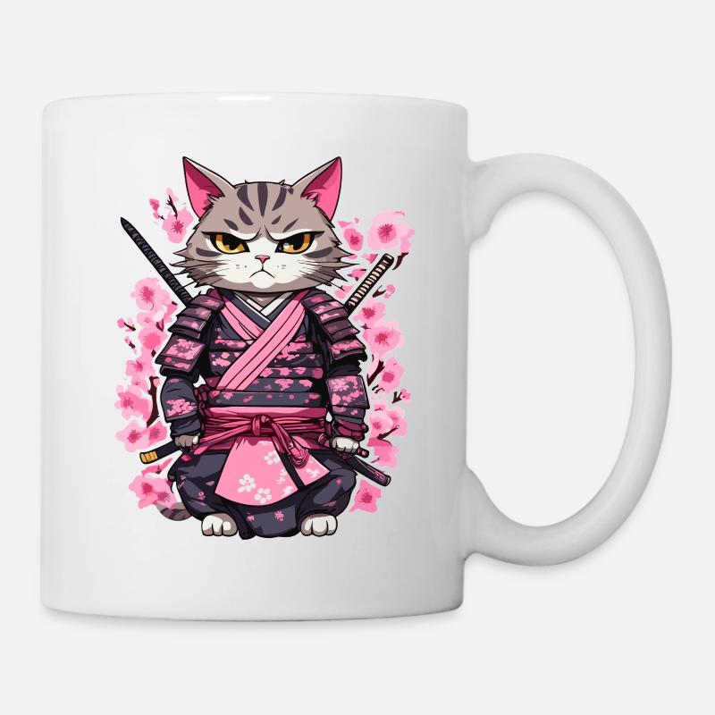 Samurai Cat & Cherry Blossoms #7 - Mug - white