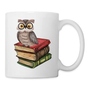 Eule auf Büchern - Geschenk für Buchliebhaber - Tasse - Weiß - Rechts