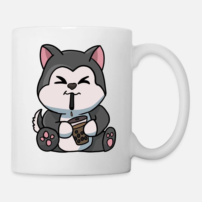 Anime Kawaii Bubble Tea Drinking Husky Hand Drawn - Mug - white