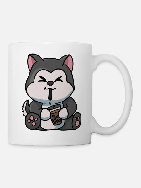 Anime Kawaii Bubble Tea Drinking Husky Hand Drawn - Mug - white