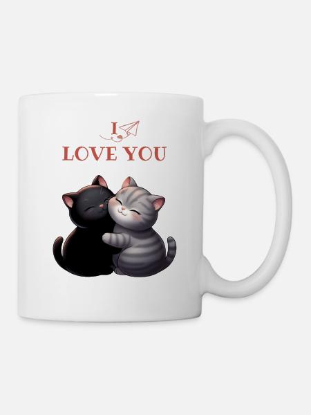 2 chats noir et gris I love you - Mug blanc - blanc