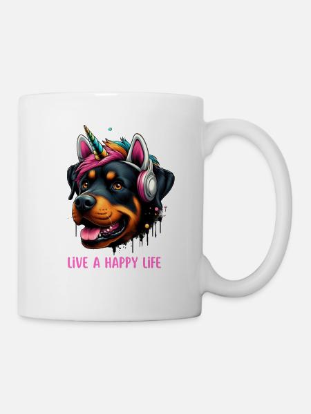 Live a Happy Life - Unicorn Rottweiler - Tasse - Weiß