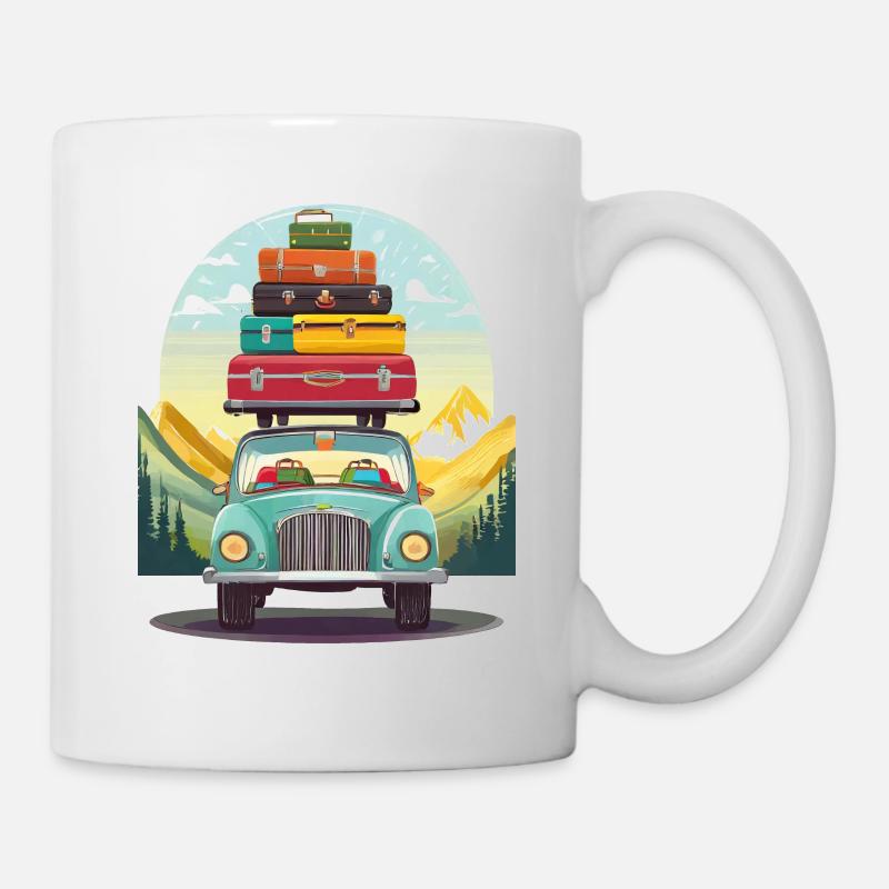 Voiture avec valises et bagages sur le toit - Mug blanc - blanc