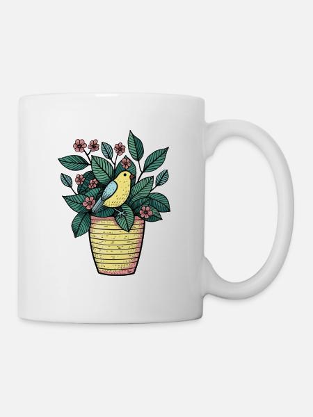 Vogel im Blumentopf - Stilzeichnung - Tasse - Weiß
