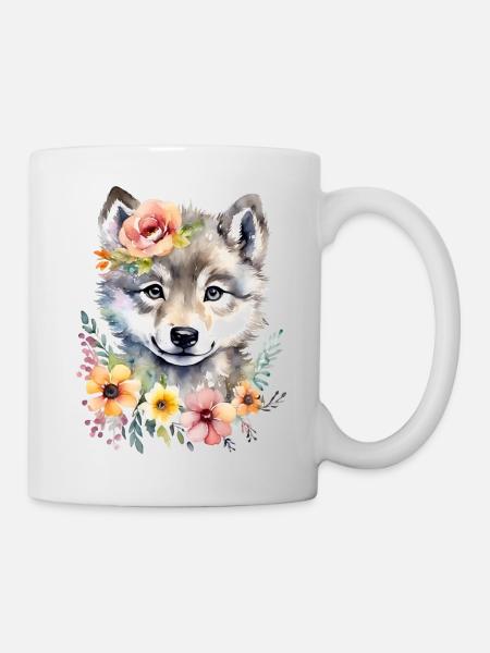 Wolf Wolfsjunges niedlich Wolfsbaby süß Aquarell - Tasse - Weiß