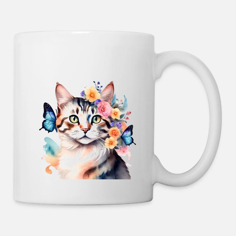 Aquarelle chat avec papillons - Mug blanc - blanc
