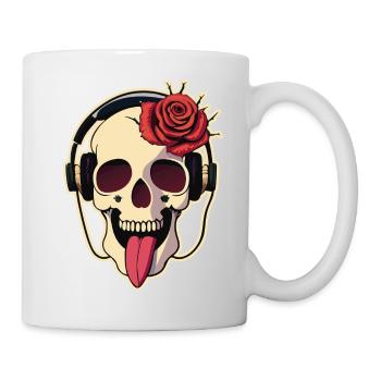 01 Lustiger Totenkopf lacht Zunge Kopfhörer Rose - Tasse - Weiß - Rechts
