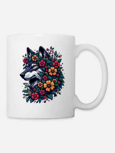 Wolf With Flowers Colorful Animal Motif Gray Wolf Flowers - Mug - white