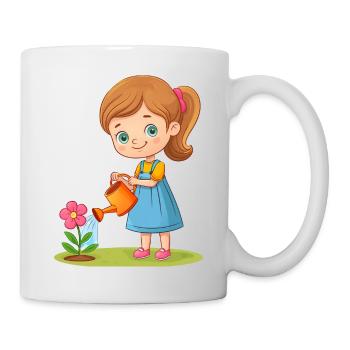 Mädchen gießt mit einer Gießkanne eine Blume - Tasse - Weiß - Rechts