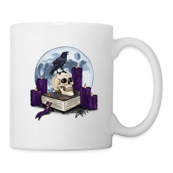 Hexenbuch mit Totenkopf und Rabe bei Vollmond - Tasse - Weiß - Rechts