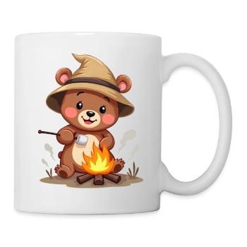 Camping Bär genießt Leckereien am Lagerfeuer - Tasse - Weiß - Rechts