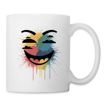 Buntes Splatter-Lächeln-Gesicht - lebendig abstrakt - Tasse - Weiß - Rechts