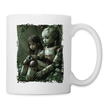 A young girl sitting beside a forlorn robot - Mug - white - Right