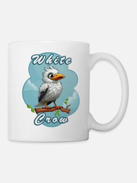 Cartoon White Crow on Branch - Mug - white