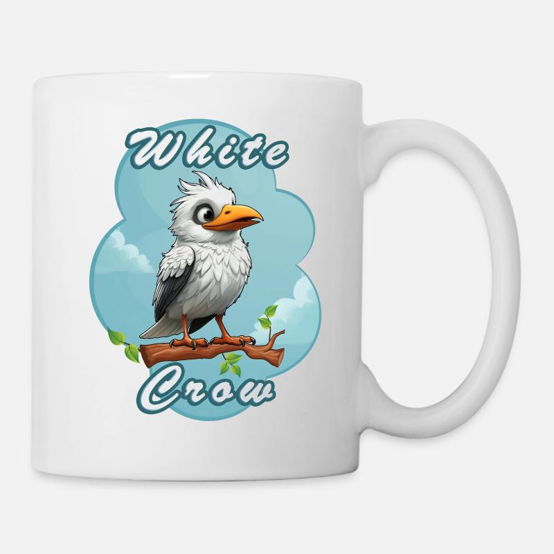 Cartoon White Crow on Branch - Mug - white