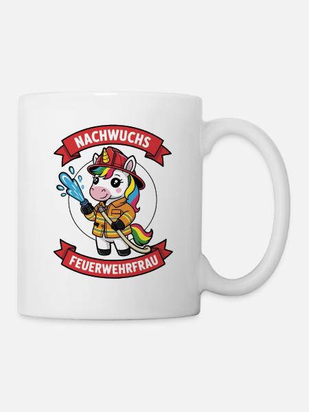 Nachwuchs Feuerwehrfrau mit Einhorn - Tasse - Weiß