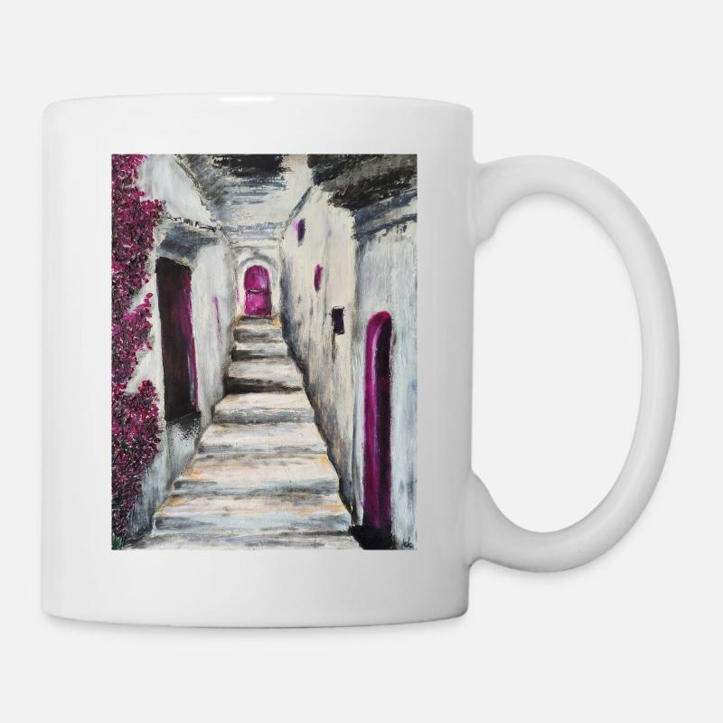 Sunlit Whitewashed Stairs with Pink Accents Greece - Mug - white