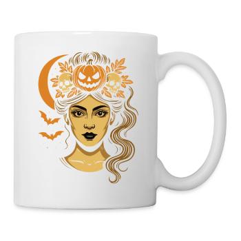 Halloween Frau mit Kürbis Krone und Mond - Tasse - Weiß - Rechts