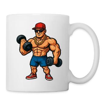 Bodybuilder with gold chain and dumbbells - Mug - white - Right