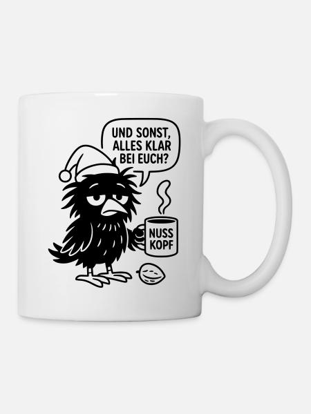 Niedlicher Rabe mit Tasse und Sprechblase - Tasse - Weiß