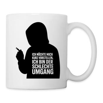 Schlechter Umgang, lustiger Spruch Kurzvorstellung - Tasse - Weiß - Rechts