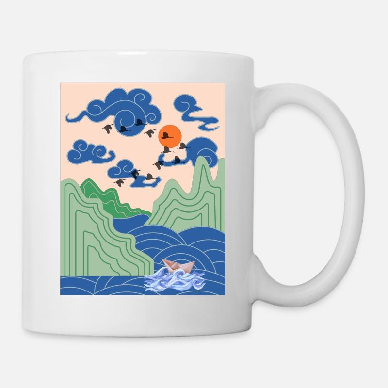 Korean Art Design mit Kranichen & Origami Boot - Tasse - Weiß