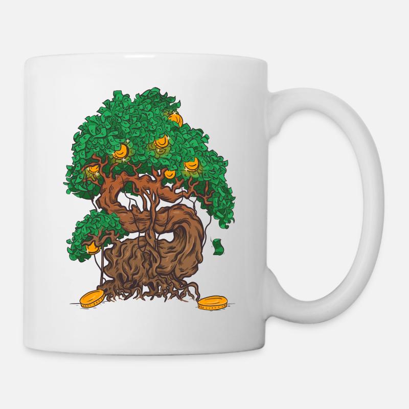 Geldbaum Bonsai mit Geldblättern und Goldmünze - Tasse - Weiß