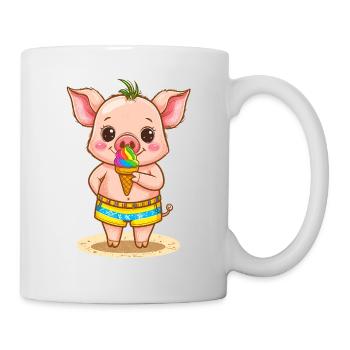 Kleines Schweinchen mit buntem Eis - Tasse - Weiß - Rechts