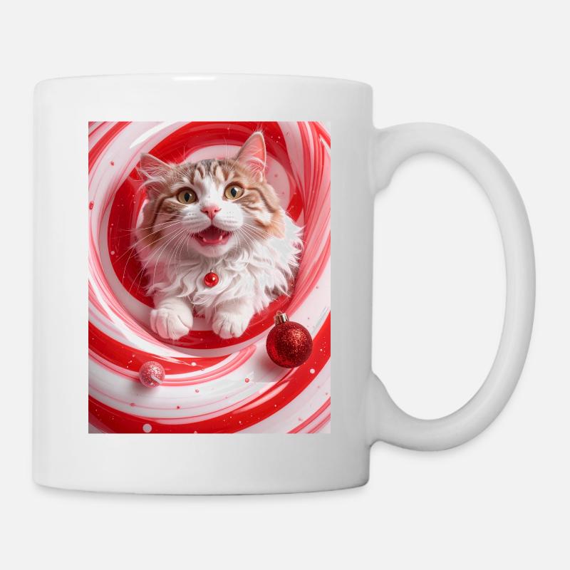 Weihnachtskatze im roten Pfefferminzwirbel - Tasse - Weiß