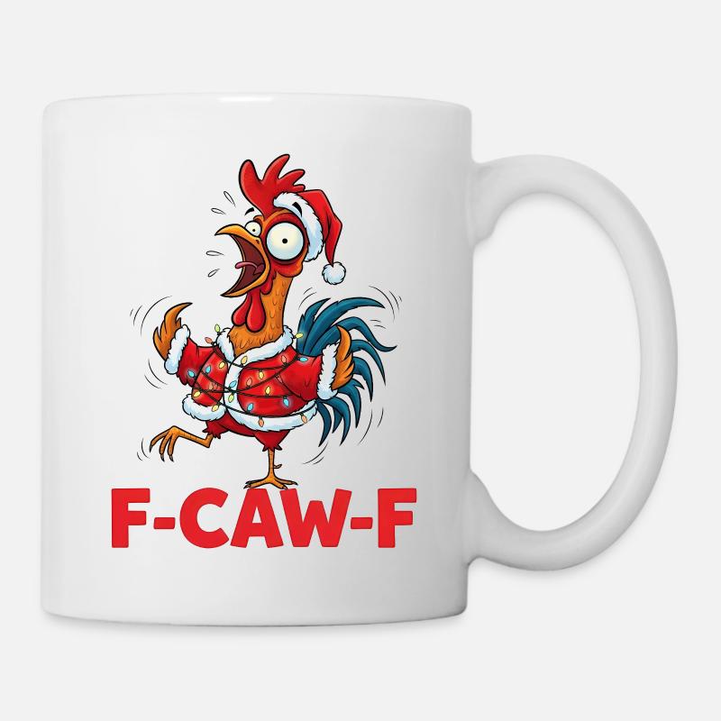 F-Caw-F Jeu de mots sur le poulet de Noël fou - Mug blanc - blanc