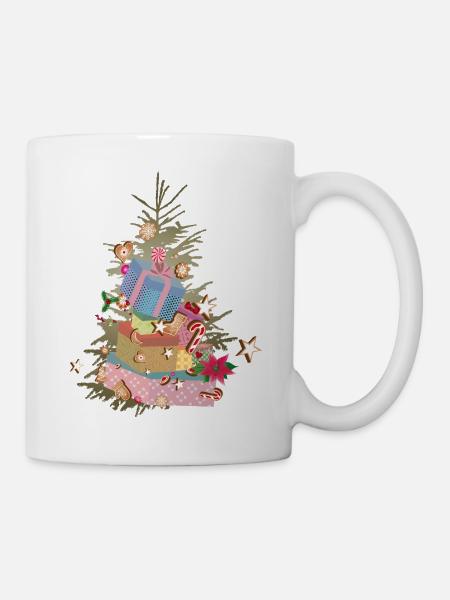 Weihnachtsbaum mit Geschenken und Lebkuchen - Tasse - Weiß