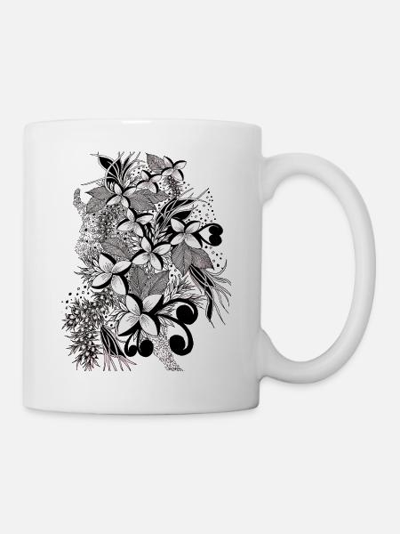 Monochrome Blütenlinien - Tasse - Weiß