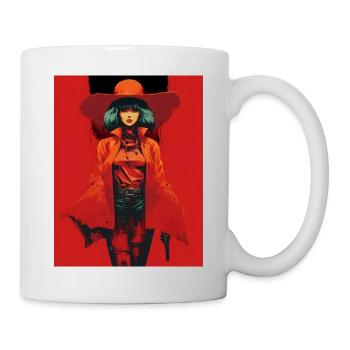 Frau mit Orange Mantel Breiter Hut - Tasse - Weiß - Rechts