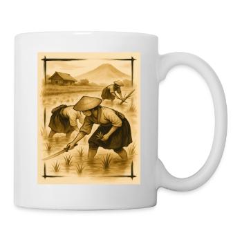 Feld, Reis und Bauern, Reisanbau im Morgengrauen - Tasse - Weiß - Rechts